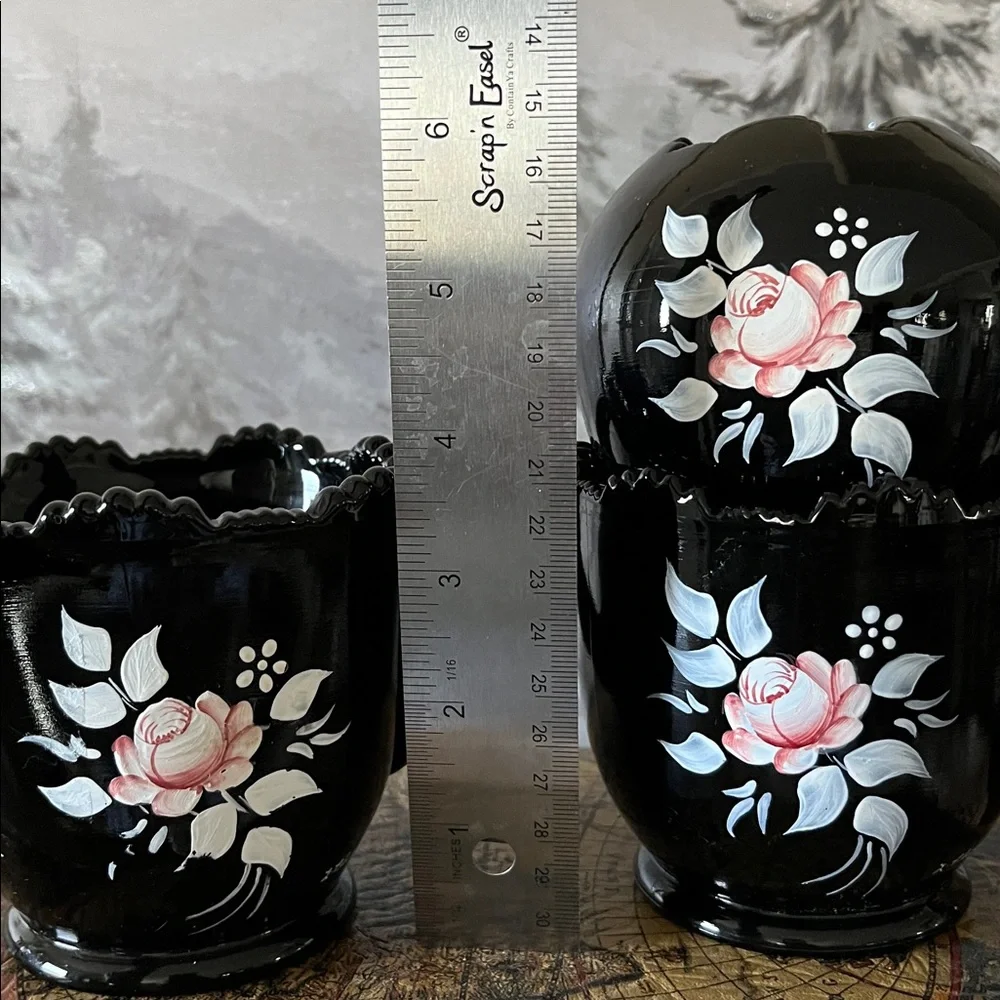 Vintage Pilgrim Glass Black Amethyst Hand-Painted Vase & Covered Jar Set 3 Pc